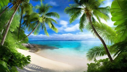 Beautiful jungle beach lagoon view, palm trees and tropical leaves, can be used as background