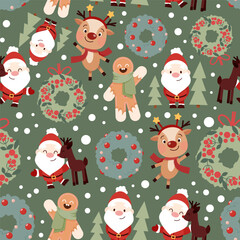 Christmas seamless pattern of reindeer, Santa Clauses and Christmas wreaths