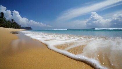 Beautiful sandy beach with white sand and rolling calm wave of turquoise ocean on Sunny day 