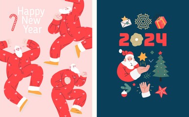 Christmas postcards with Santa Claus - modern flat vector concept illustrations of the Christmas and New Year symbols, vertical postcards set