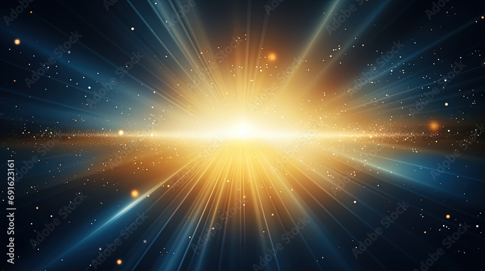 Poster abstract backgound with blue and orange light rays. god rays or light burst with bokeh
