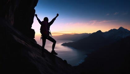 Woman climber success silhouette in mountains, ocean and sunset