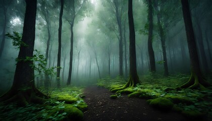 Obraz premium Green forest with mist and clear blank space 