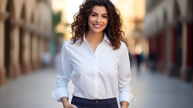 mujer latina con blusa blanca Espontaneidad y Moda: Retrato de Latina Radiante al Sol