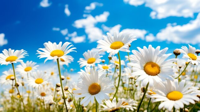 Banner chamomile flowers on a summer spring meadow, blue sky with white clouds background. Summer, spring concept.