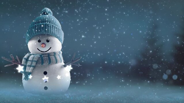 snowman on the snow,The snowman is smiling, wearing a hat and scarf. It is snowing. Winter New Year and Christmas scene, snow falling loop 2025