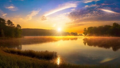 Obraz premium Beautiful summer sunrise over lake