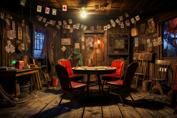 Outlaw hideout, abandoned saloon with swinging doors, poker table with scattered cards, dim lantern...