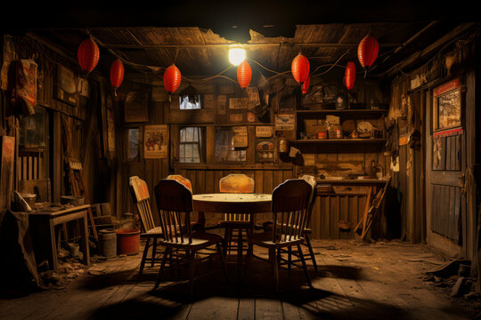 Outlaw hideout, abandoned saloon with swinging doors, poker table with scattered cards, dim lantern light, shadowy figures in the background, wanted posters on the walls.