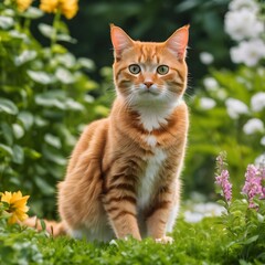 Naklejka na ściany i meble Garden Oasis A cat exploring a lush garden filled with blooming flowers and greenery