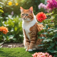 Garden Oasis A cat exploring a lush garden filled with blooming flowers and greenery