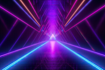 Naklejka premium room purple violet impulse ray beam floor empty performance stage show laser corridor threedimensional 3d render abstract colorful neon background triangular tunnel illuminated ultraviolet light