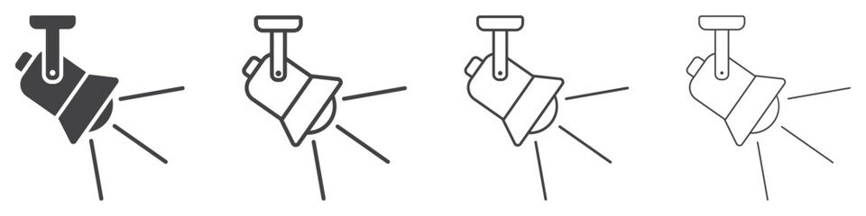 Set of spotlight icons. Stage light symbol. Event, concert, performance, theater. Spotlight with bright light, lamp. Vector.