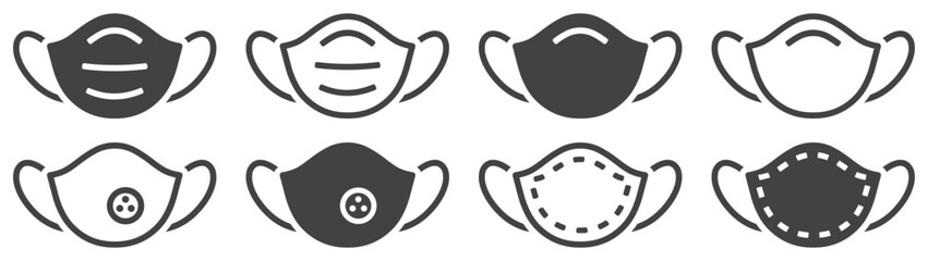 Set of face mask icons. Breathing respirator mask. Corona virus protection sign, health care. Surgical face mask. Protective masks against viruses, dust and respiratory diseases. Vector. EPS10. - obrazy, fototapety, plakaty