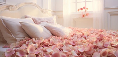 A bed covered in an artistic layout of pastel-colored rose petals, inviting relaxation.
