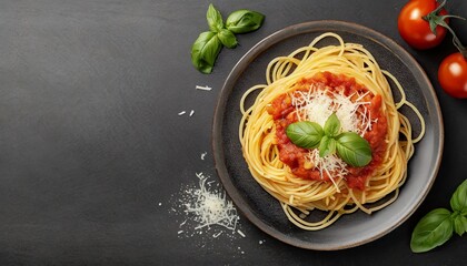 Fototapeta premium Dark plate with italian spaghetti on dark 