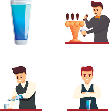 Bartender man icons set cartoon vector. Bartender prepares cocktail. Cartoon people character