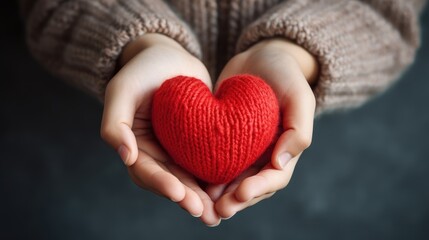 Obraz premium Child hands holding a red heart for share and donate.