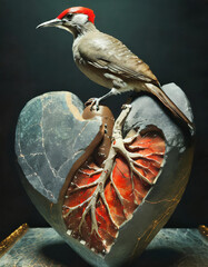 Statue eines Specht, der auf einem anatomischen Herz sitzt / Stein-Skulptur - surreal - dunkler Hintergrund - obrazy, fototapety, plakaty