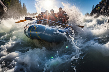 Rafting adventure, rushing river rapids, exhilarating splashes, determined paddlers, vibrant rafts.