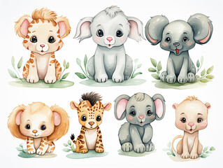 clipart di cuccioli in stile acquerello su sfondo bianco , cane  ,elefante, giraffa,  leoncino, visi simpatici, sfondo bianco scontornabile