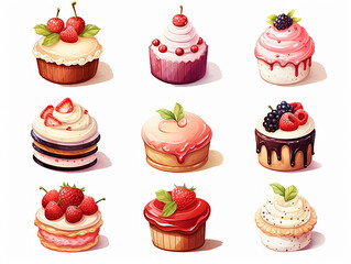 mini set di tortine e cupcakes in stile acquerello su sfondo bianco