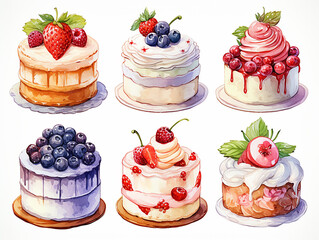 mini set di tortine e cupcakes in stile acquerello su sfondo bianco