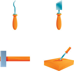 Carpentry tool icons set cartoon vector. Hammer chisel and trowel. Construction and repair tool