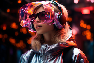 portrait of a young girl with virtual reality glasses in the metaverse