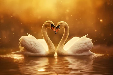 Foto op Aluminium A pair of swans forming a heart shape on a golden background. forever © Riffat