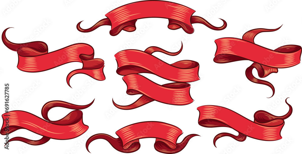 Canvas Prints engraving red scroll ribbon set