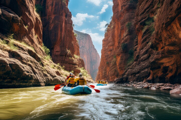 Rafting expedition, inflatable rafts gliding through a narrow canyon, towering rock walls on both...