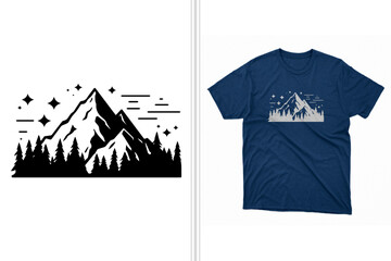 t-shirt artwork of mountain, trees, stars in a simple silhouette design, men's casual wear, black and white - obrazy, fototapety, plakaty