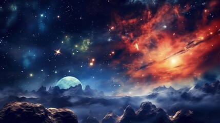 Fototapeta na wymiar Space Odyssey: Majestic Mountains, Celestial Stars, Cosmic Beauty Revealed