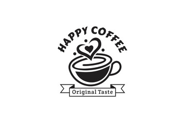 Love coffee logo, happy coffee with original taste flat vector design style