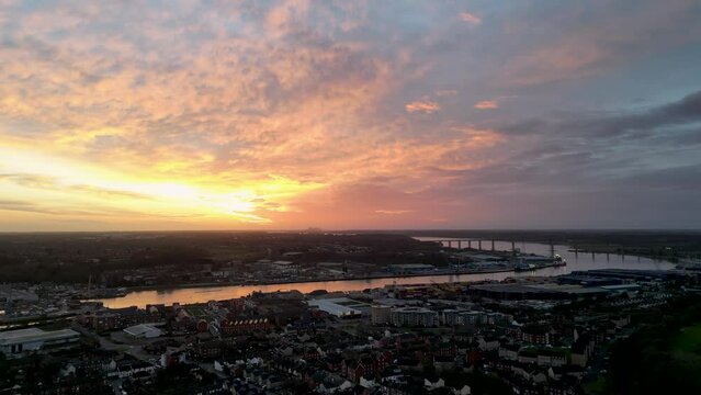 4k drone footage of the Wet Dock in Ipswich, Suffolk, UK at sunrise