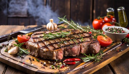 Medium Rare Ribeye steak on wooden board, selected focus 