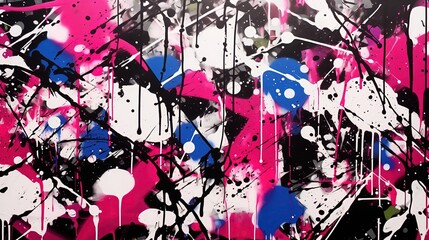 A street wall spray-painted in cyberpunk colors in a hooligan style.  Pink, white, black and blue.  Wallpaper.  Background.