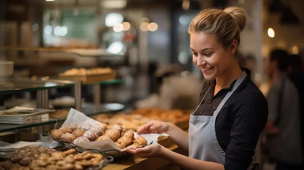 Tuinposter commessa felice e sorridente in una panetteria, consegna al cliente i suoi prodotti, panettiera soddisfatta della sua attività © garpinina