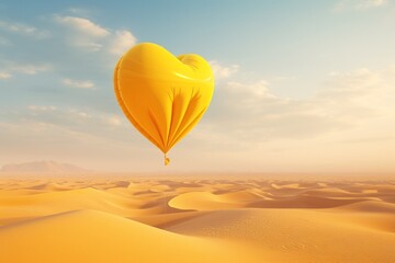 A sunny yellow heart-shaped balloon against golden sand dunes background. Solid Background