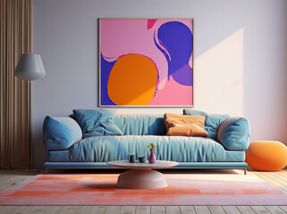 Colorful interior with sofa. Cozy room with comfortable couch and pillows