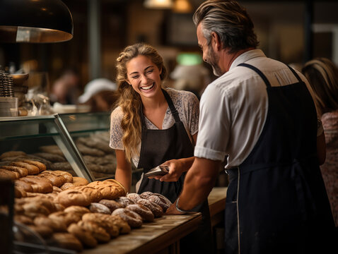 commessa felice e sorridente in una panetteria, consegna al cliente i suoi prodotti, panettiera soddisfatta della sua attivit&agrave;