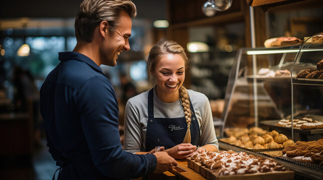 commessa felice e sorridente in una panetteria, consegna al cliente i suoi prodotti, panettiera soddisfatta della sua attivit&agrave;