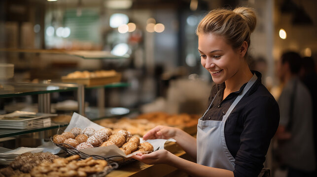 commessa felice e sorridente in una panetteria, consegna al cliente i suoi prodotti, panettiera soddisfatta della sua attivit&agrave;