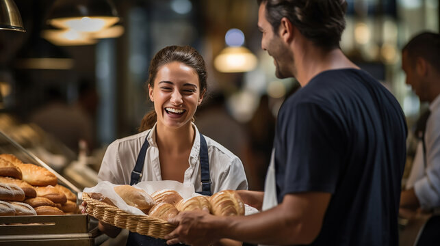 commessa felice e sorridente in una panetteria, consegna al cliente i suoi prodotti, panettiera soddisfatta della sua attivit&agrave;