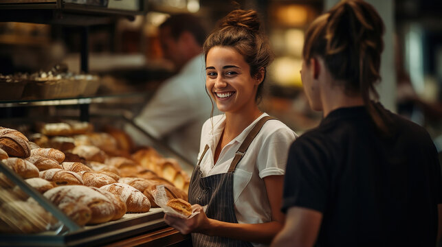 commessa felice e sorridente in una panetteria, consegna al cliente i suoi prodotti, panettiera soddisfatta della sua attivit&agrave;