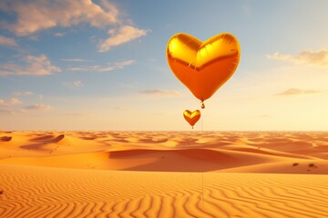 A sunny yellow heart-shaped balloons against golden sand dunes background. Solid Background
