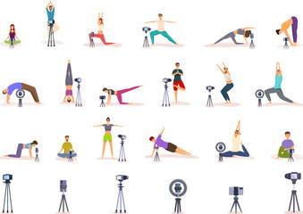 Fototapeta na wymiar Yoga blogger icons set cartoon vector. Fitness trainer online. Training social stream