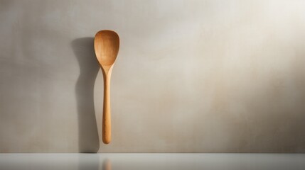  a wooden spoon sitting on top of a table next to a white wall with a shadow of a wooden spoon on it's side and a white wall behind it.