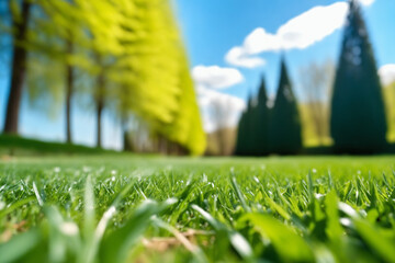 Beautiful blurred background image of spring nature with lawn surrounded by trees